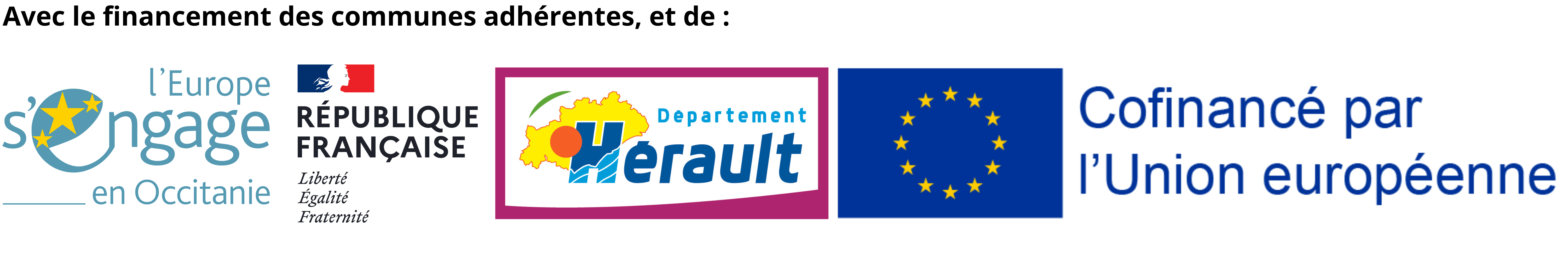logo des financeurs : les communes adhérentes, l'europe, l'Etat et le département de l'Hérault